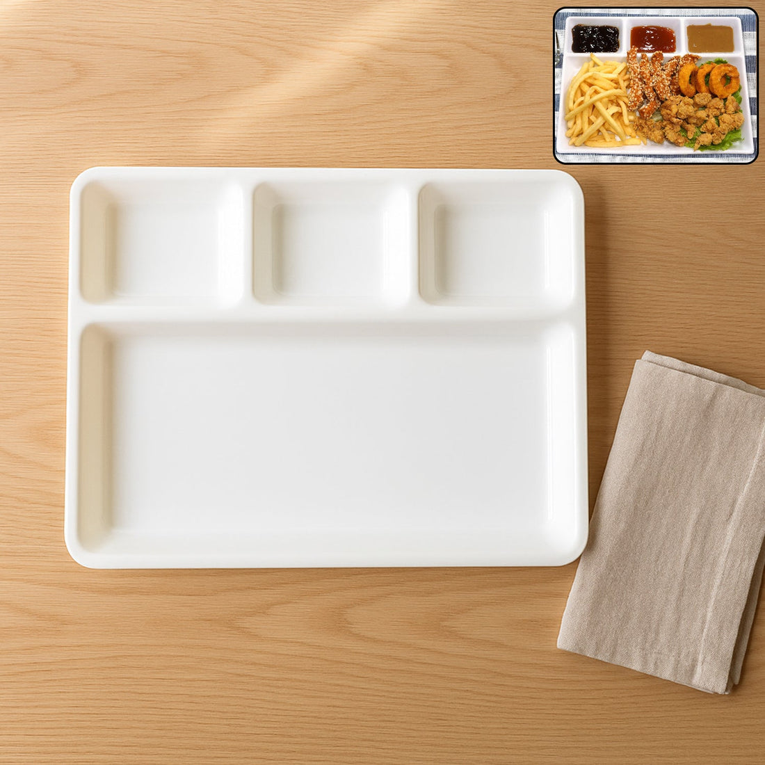 Plastic 4-Compartment Rectangular Meal Serving Tray / Plate (1 Pc / White)