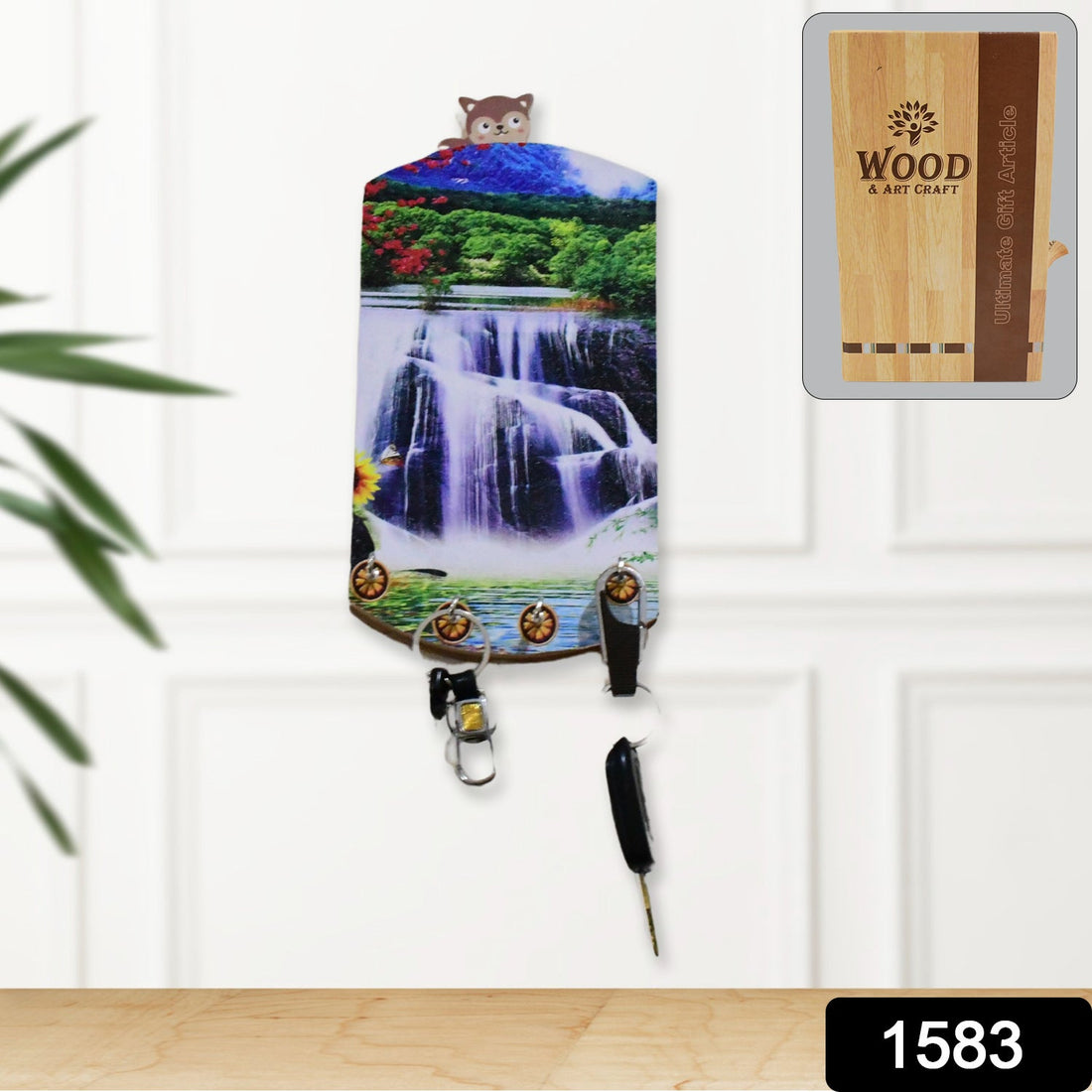 Wooden vertical scenery art with hooks for wall hanging.