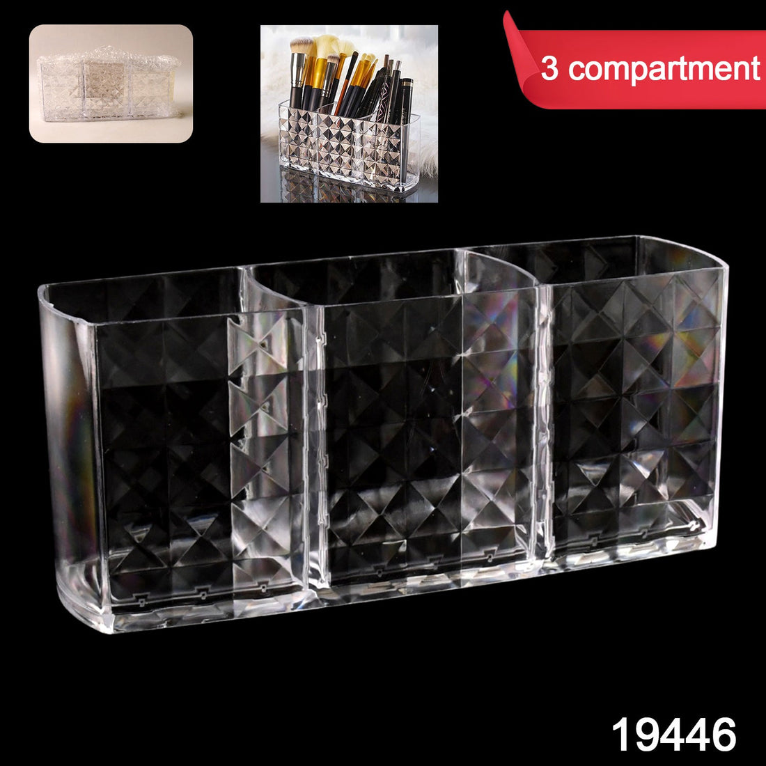 Elegant Crystal-Effect 3-Compartment Acrylic Makeup Brush Holder 