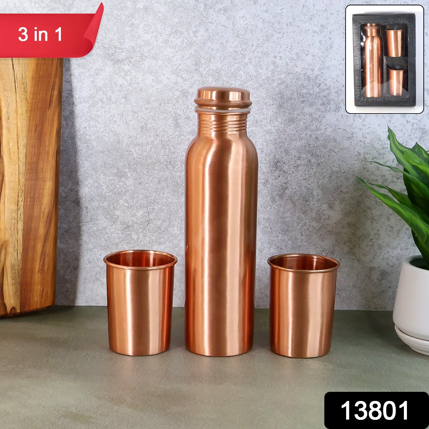 Copper Water Bottle 2 Glasses with Gift Box (3 Pcs Set)